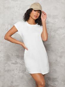 SHEIN BASICS Rolled Cuff Solid Tee Dress - White - View 4