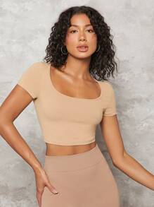 SHEIN BASICS 1pc Square Neck Solid Tee - Khaki - View 5