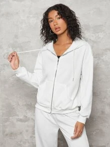 SHEIN BASICS Áo nỉ Dây kéo màu trơn Giải trí - trắng - Xem 5