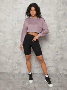 SHEIN BASICS Drop Shoulder Raw Hem Crop Pullover - Mauve Purple - View 4