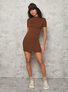SHEIN BASICS Vestido De Punto Ajustado Bodycon Sólido - Marrón Chocolate - Ver 4