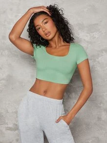 SHEIN BASICS 1件方領純色t恤 - 薄荷綠 - 查看 4