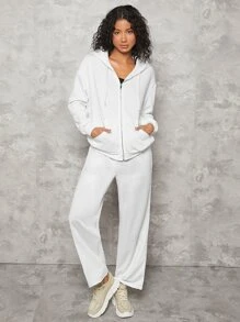 SHEIN BASICS Áo nỉ Dây kéo màu trơn Giải trí - trắng - Xem 6