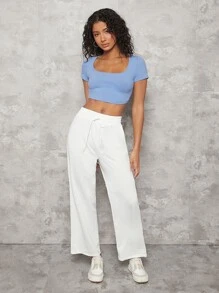 SHEIN BASICS Square Neck Solid Tee - Baby Blue - View 5