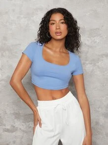 SHEIN BASICS Square Neck Solid Tee - Baby Blue - View 6