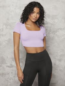 SHEIN BASICS 1 Miếng Cổ vuông Áo phông trơn - Màu Lilac Tím - Xem 1