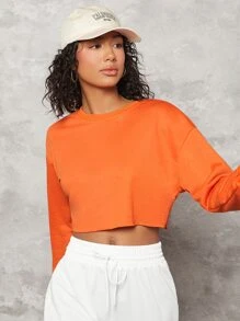 SHEIN BASICS Neon Orange Drop Shoulder Raw Hem Crop Pullover - Orange - View 6