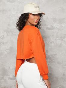 SHEIN BASICS Neon Orange Drop Shoulder Raw Hem Crop Pullover - Orange - View 2