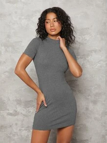 SHEIN BASICS 素色羅紋針織包臀連衣裙 - 深灰色 - 查看 3