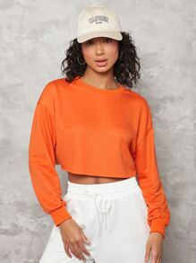 SHEIN BASICS Neon Orange Drop Shoulder Raw Hem Crop Pullover - Orange - View 3