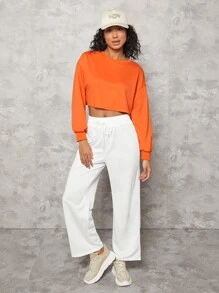SHEIN BASICS Neon Orange Drop Shoulder Raw Hem Crop Pullover - Orange - View 4