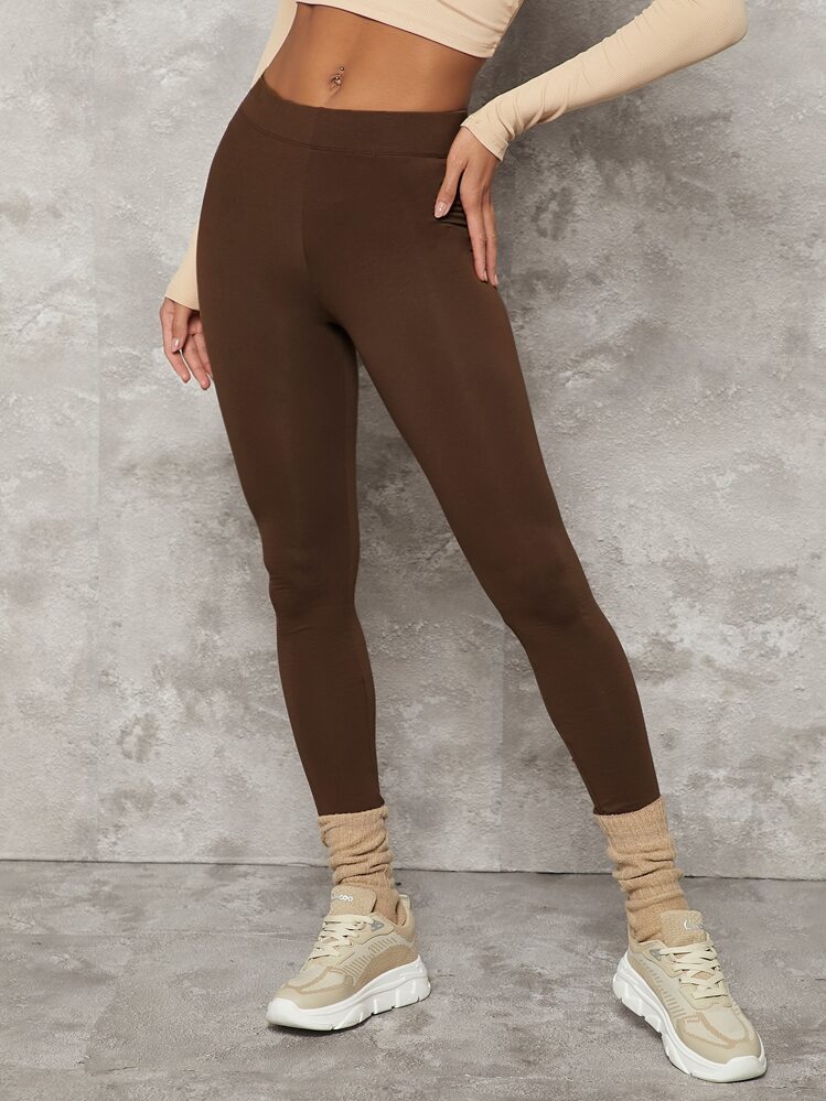 Tseoso 1pc High Waist Solid Leggings - Chocolate Brown - View 10