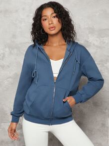 SHEIN BASICS Cozy Fleece Drop Shoulder Zip Up Thermal Hoodie - Dusty Blue - View 5