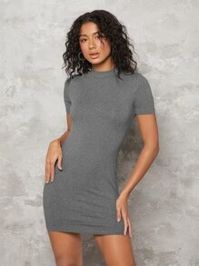 SHEIN BASICS 素色羅紋針織包臀連衣裙 - 深灰色 - 查看 6