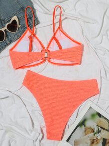 Textured Bikini Set O-Ring Detail Cami Bra & Bikini Bottom 2 Piece Bathing Suit - Coral Pink - View 2