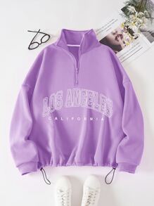 INAWLY Sudadera con estampado de letra bajo con cordón con cremallera media con forro térmico - Lila Púrpura - Ver 1
