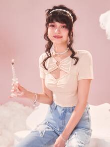 ROMWE Kawaii Heart Linked Cut Out Ruched Tee - Apricot - View 4