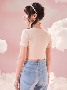 ROMWE Kawaii Heart Linked Cut Out Ruched Tee - Apricot - View 3