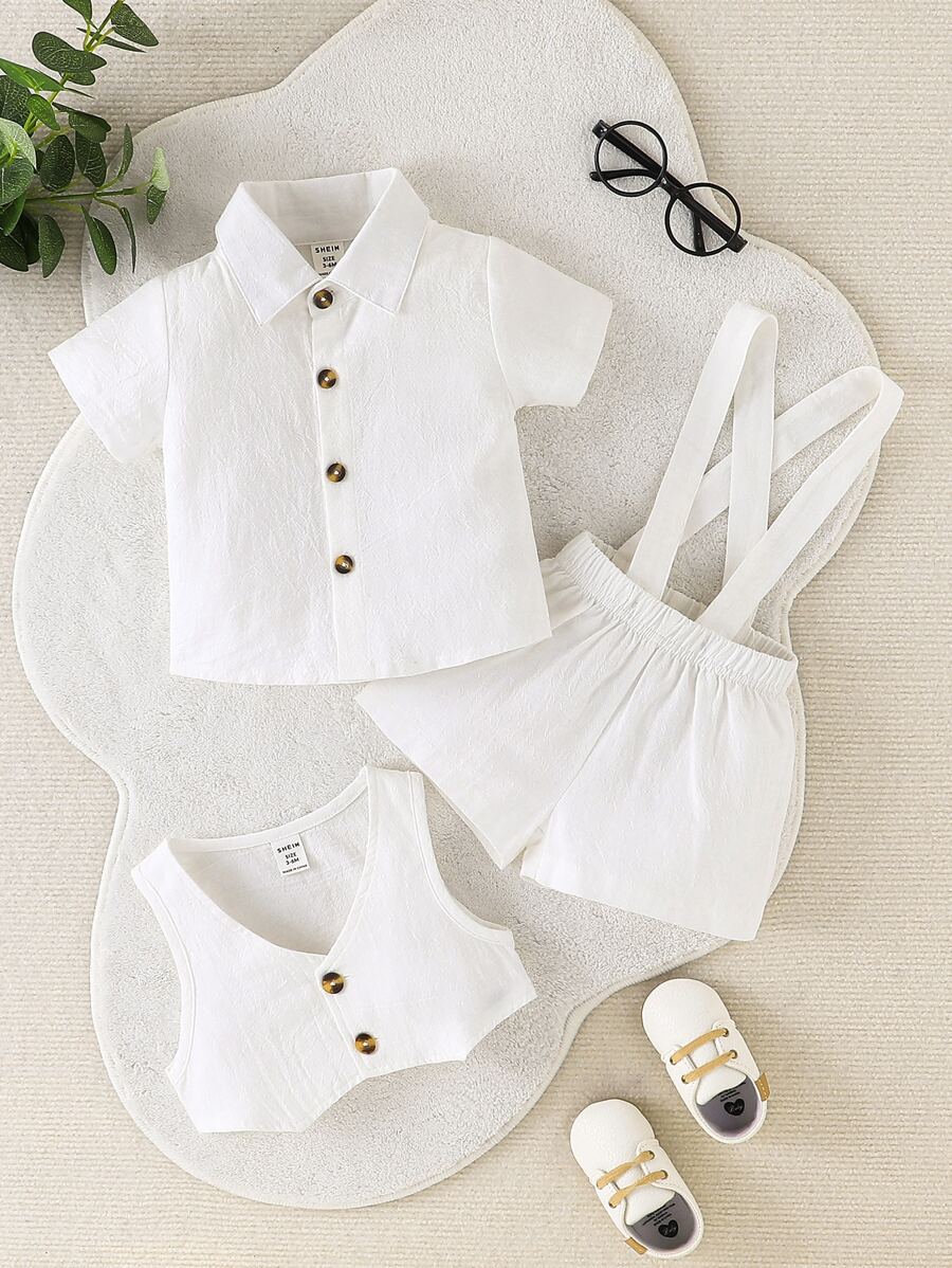 Baby Boy Solid Button Up Shirt & Vest Jacket & Pinafore Shorts - White - View 1