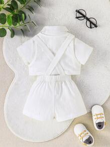 Baby Boy Solid Button Up Shirt & Vest Jacket & Pinafore Shorts - White - View 2