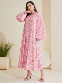 Al Najma Ditsy Floral Print Colourblock Smock Dress - Multicolor - View 4