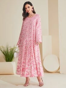 Al Najma Ditsy Floral Print Colourblock Smock Dress - Multicolor - View 6