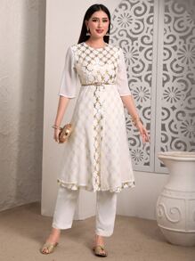Divindia Gold Plaid Print Kurta Sets Without Belt Style Indian - White - View 1