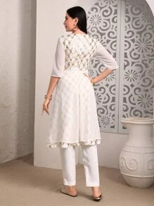 Divindia Gold Plaid Print Kurta Sets Without Belt Style Indian - White - View 2