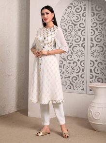 Divindia Gold Plaid Print Kurta Sets Without Belt Style Indian - White - View 3