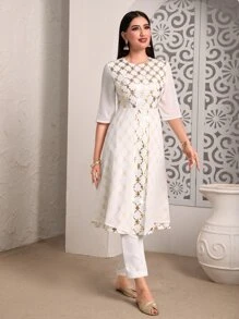 Divindia Gold Plaid Print Kurta Sets Without Belt Style Indian - White - View 4