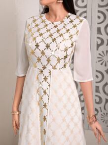 Divindia Gold Plaid Print Kurta Sets Without Belt Style Indian - White - View 6