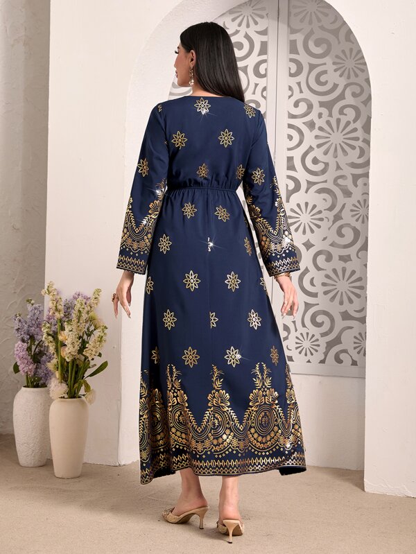 SHEIN Najma Gold Floral Print Contrast Tape Dress SHEIN UK