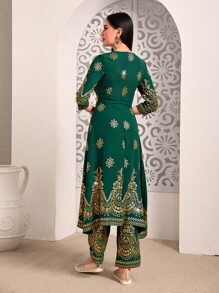 Divindia Floral Print Kurta Top & Trousers - Green - View 2
