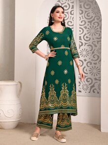 Divindia Floral Print Kurta Top & Trousers - Green - View 4