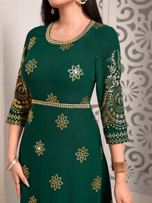 Divindia Floral Print Kurta Top & Trousers - Green - View 6
