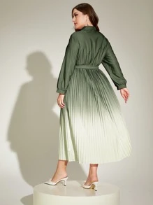 Modelyn 大碼漸變圖案燈籠袖百褶下擺繫腰帶連衣裙 - 軍綠色 - 查看 2