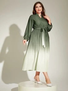 Modelyn 大碼漸變圖案燈籠袖百褶下擺繫腰帶連衣裙 - 軍綠色 - 查看 3