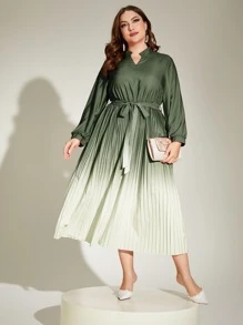 Modelyn 大碼漸變圖案燈籠袖百褶下擺繫腰帶連衣裙 - 軍綠色 - 查看 4