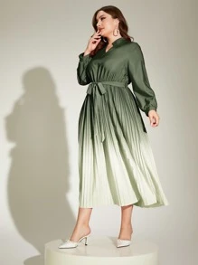 Modelyn 大碼漸變圖案燈籠袖百褶下擺繫腰帶連衣裙 - 軍綠色 - 查看 5