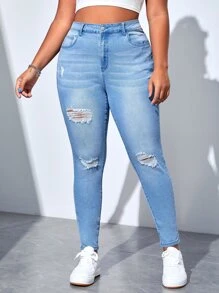 SHEIN Essnce Jeans ajustados desgarro de talle alto - Lavado ligero - Ver 1