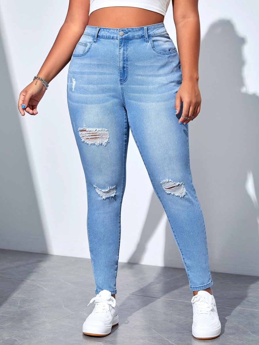 SHEIN Essnce Jeans ajustados desgarro de talle alto - Lavado ligero - Ver 1