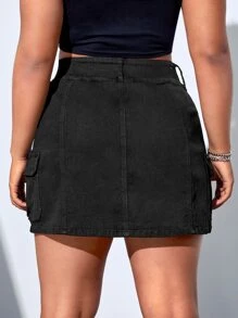 SHEIN EZwear Falda en mezclilla con bolsillo con solapa - Negro - Ver 2