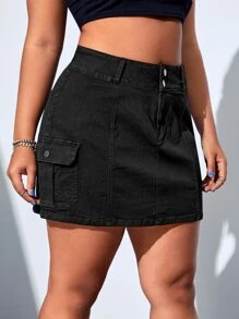 SHEIN EZwear Falda en mezclilla con bolsillo con solapa - Negro - Ver 4