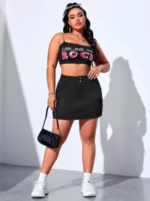 SHEIN EZwear Falda en mezclilla con bolsillo con solapa - Negro - Ver 5