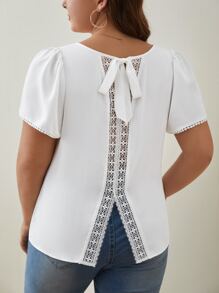 SHEIN Frenchy Plus Contrast Lace Tie Back Puff Sleeve Blouse - White - View 1