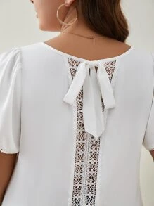SHEIN Frenchy Plus Contrast Lace Tie Back Puff Sleeve Blouse - White - View 3