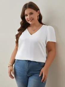 SHEIN Frenchy Plus Contrast Lace Tie Back Puff Sleeve Blouse - White - View 4