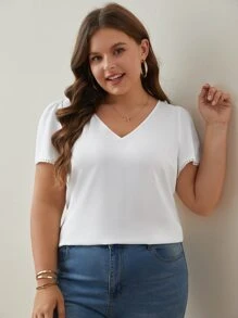 SHEIN Frenchy Plus Contrast Lace Tie Back Puff Sleeve Blouse - White - View 5