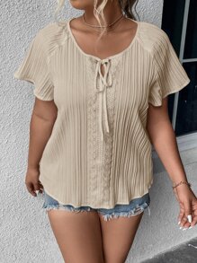 SHEIN LUNE Áo sơ mi Plus Size Tương phản ren Thắt nơ trước màu trơn Giải trí - Màu Khaki - Xem 1