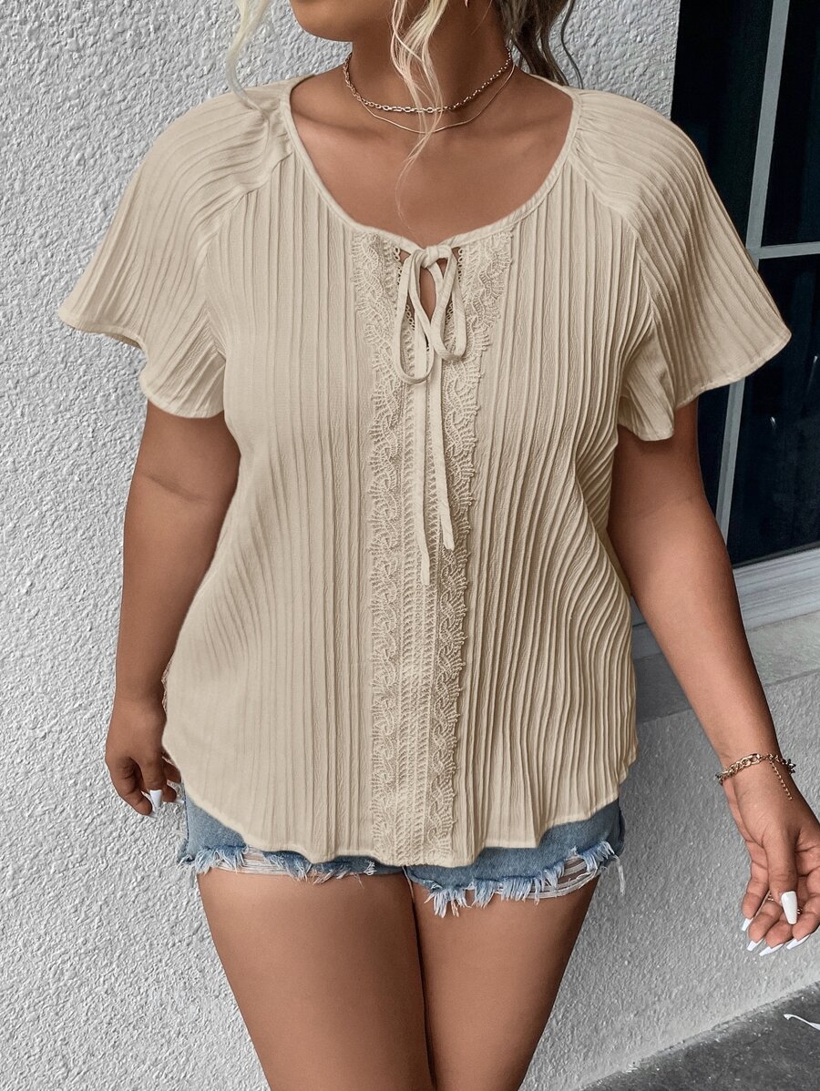 SHEIN LUNE Áo sơ mi Plus Size Tương phản ren Thắt nơ trước màu trơn Giải trí - Màu Khaki - Xem 1